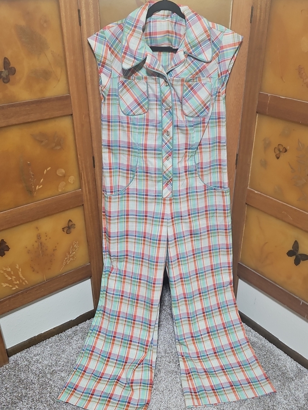 Sleeveless Plaid Button-Front Jumpsuit in Pastel Multi